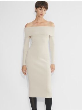 Babaton Aritzia Off Shoulder Sculpt Knit Section Dress Neutral Off White Large